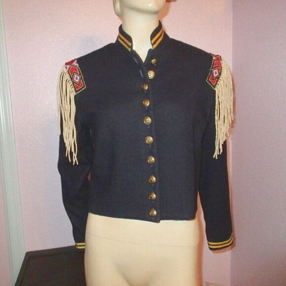 Vtg Double D Ranch Womens Jacket XS Beaded Fringe Wool Native Frontier Military - Picture 1 of 10